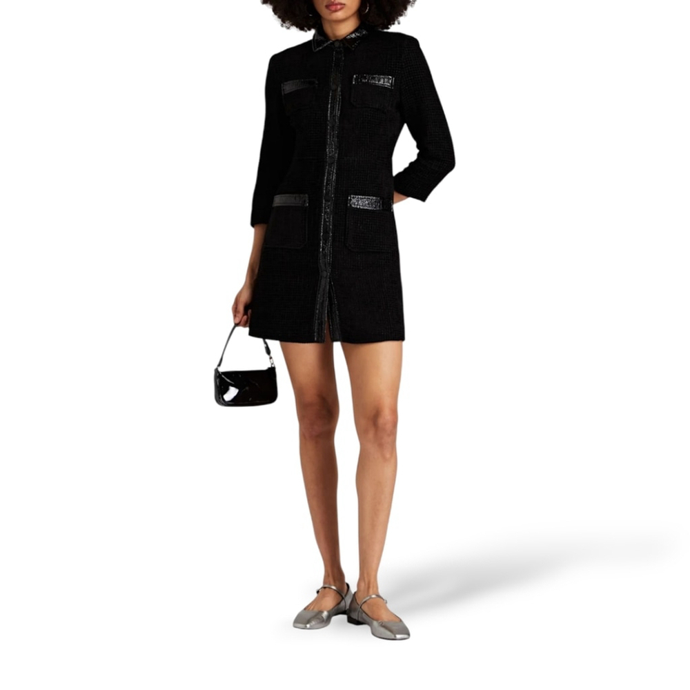 Maje Tweed Black Velvet Rinili Mini Dress Faux Leather Trim Pockets Sz 36 / US 4 - Picture 15 of 15